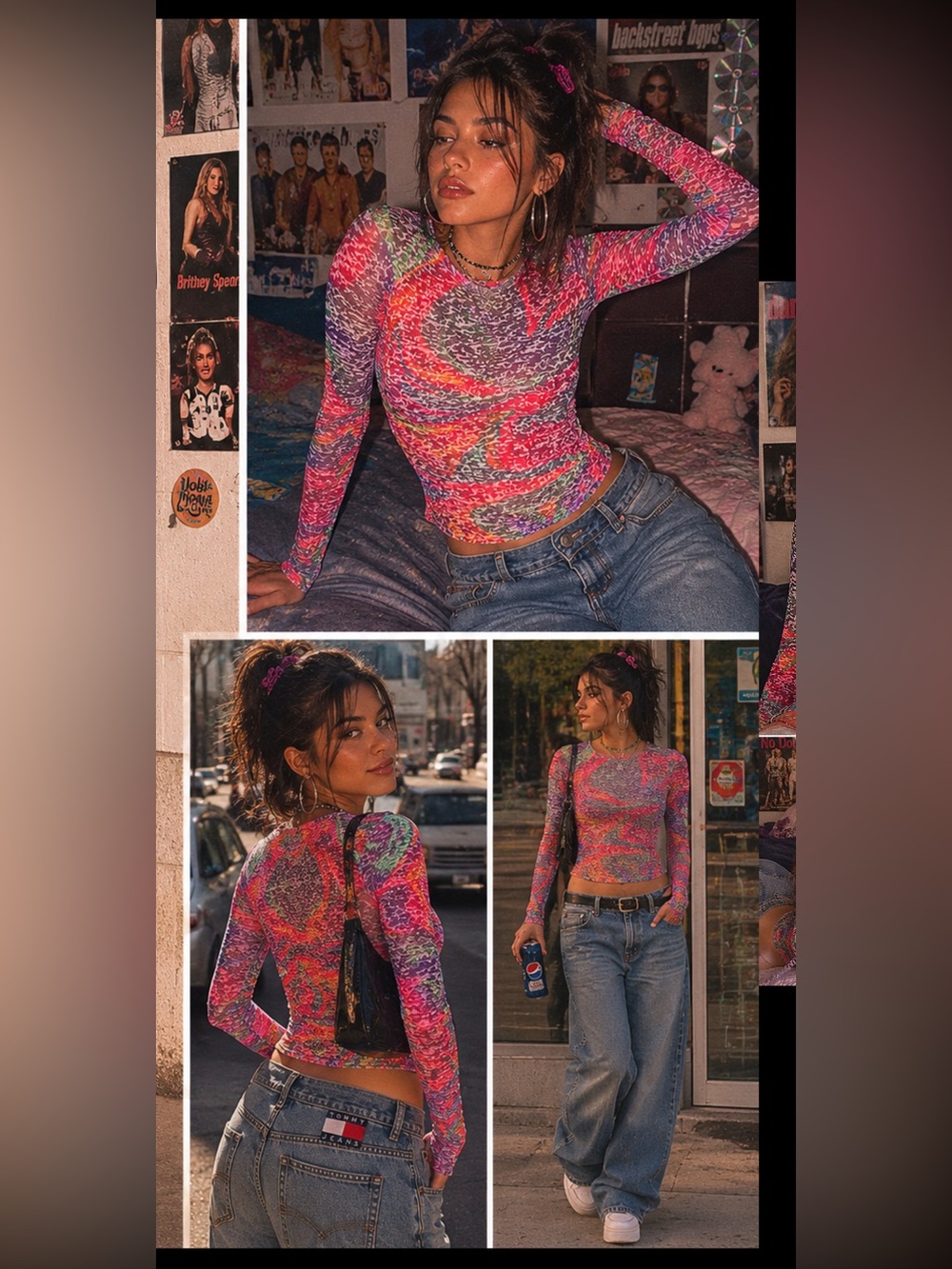 Kavio! Y2K Long-Sleeve Printed Crewneck Top - Pink, Purple, Orange
